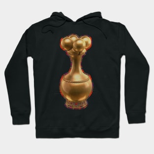 Digital Rendering of a  Pre-Columbian Quimbaya Poporo in Gold Leaf on a Mola Inspired Pattern Hoodie